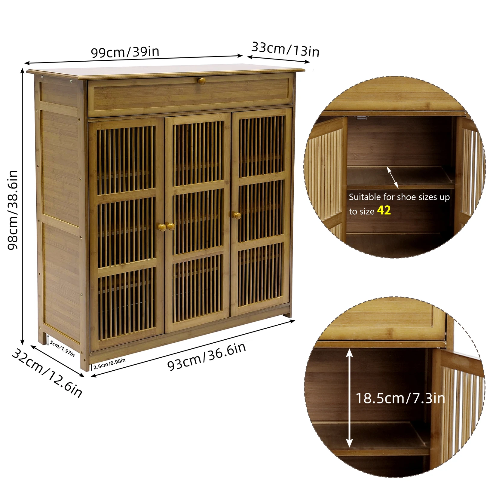 4 Tier Bamboo Shoe Storage Cabinet Wooden Shoes Rack with 3 Hollow Doors 3