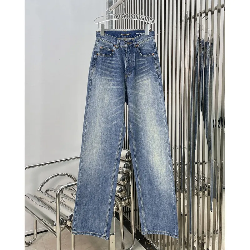

High-waist Fashion Straight-leg Pants High-end Classic Washed Whiskering Jeans for Women
