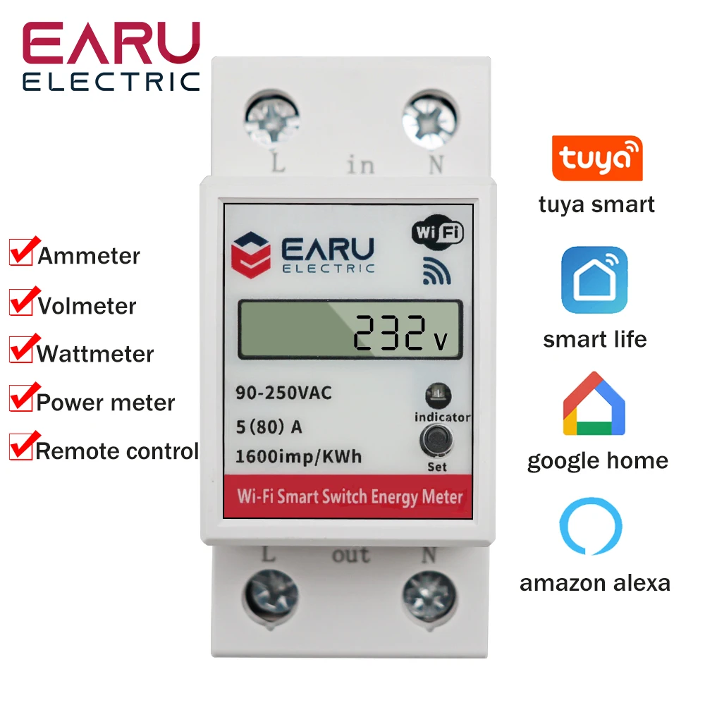 Wifi Smart Power Energy Meter Consumo Kwh Voltmetro 90-250V Interruttore Di Controllo Remoto Su Guida Din Smart Life Tuya Alexa Google Home