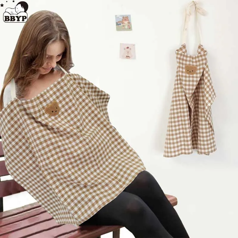 Mother Outing Breastfeeding Towel 100% Cotton Lattice Cartoon Bear Baby Feeding Nursing Towel Coverall Anti-glare Nursing cloth