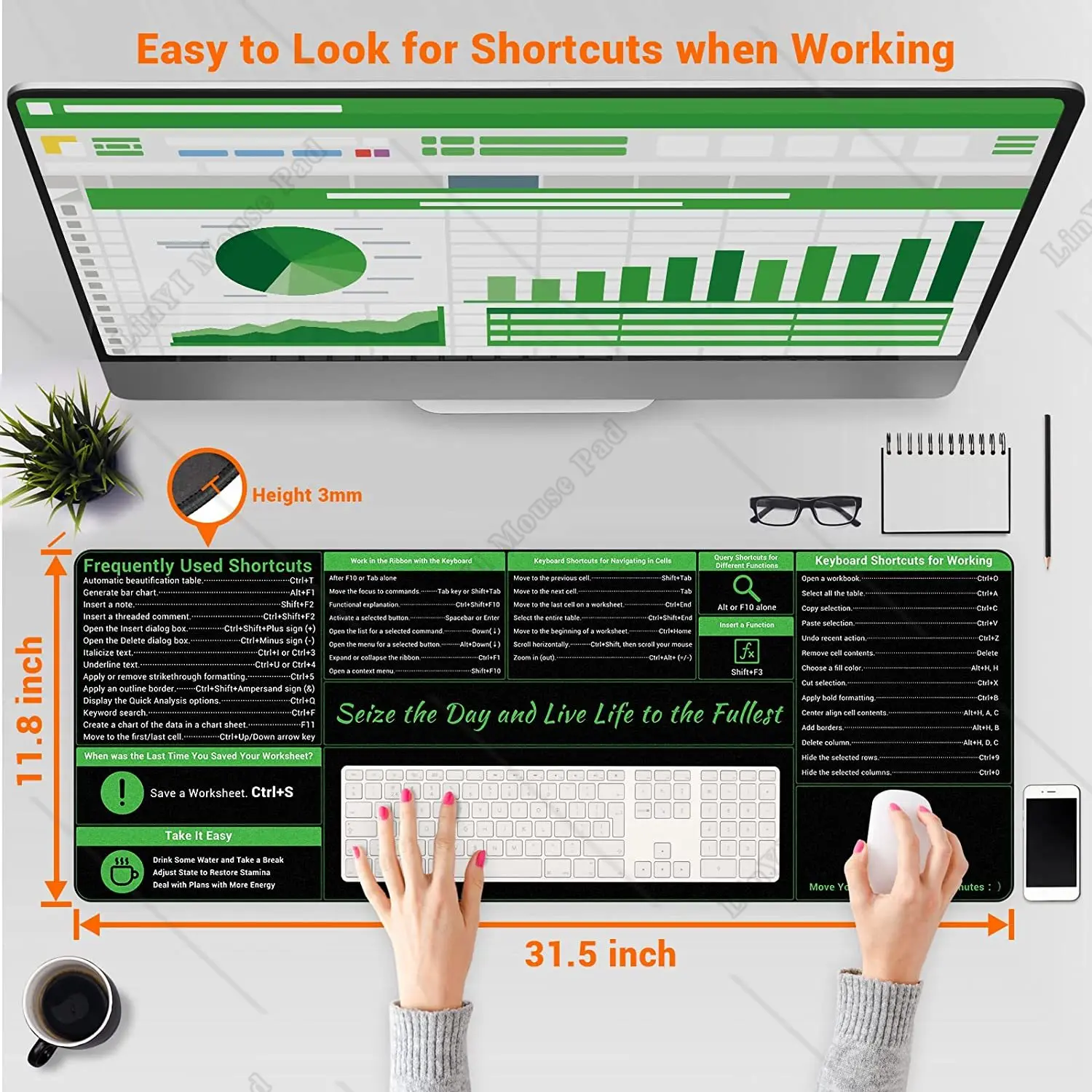 Large Excel Shortcut Mouse Pad Extended Mouse Pad with Stitched Edges Non-Slip Base Keyboard Mats for Desk, 31.5x11.8 4