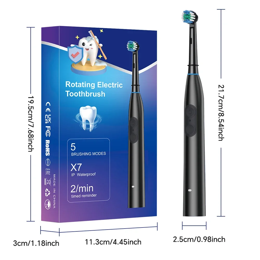 Rechargeable Oscillating Electric Toothbrush for Adults - 5 Modes, Waterproof, with 4 Brush Heads