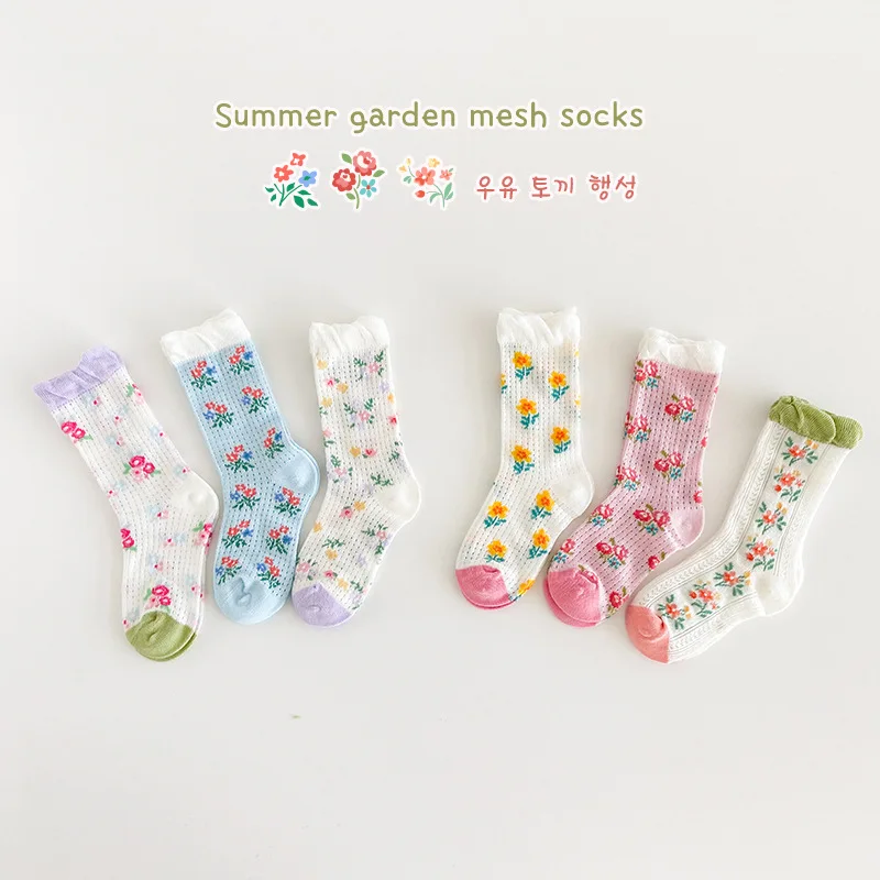 

Girls Socks Spring Summer Thin Socks Fancy Lace Flowers Pattern Mid Calf Length Children's Socks 3 Pairs