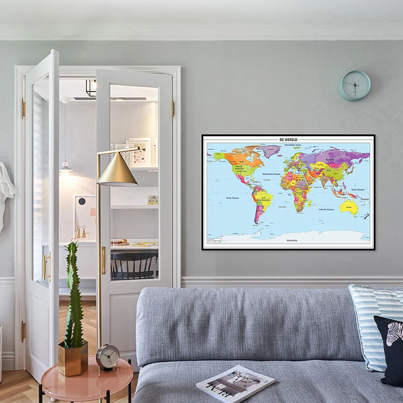 90*58cm The World Political Map In Dutch Spray Canvas Painting Wall Art Poster Living Room Home Decoration School Supplies 225 150cm in russian the world map with flags wall art poster vintage non woven canvas painting living room home decoration