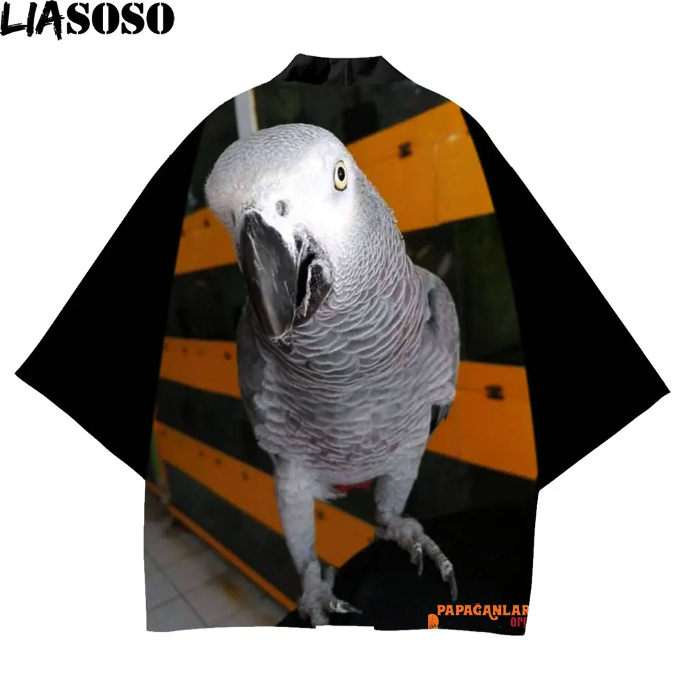 LIASOSO Japanese Traditional Dress Women Grey Parrot Bird Hispter Unisex Haori Black Kimono Asian Cardigan Mujer Samurai Cosplay