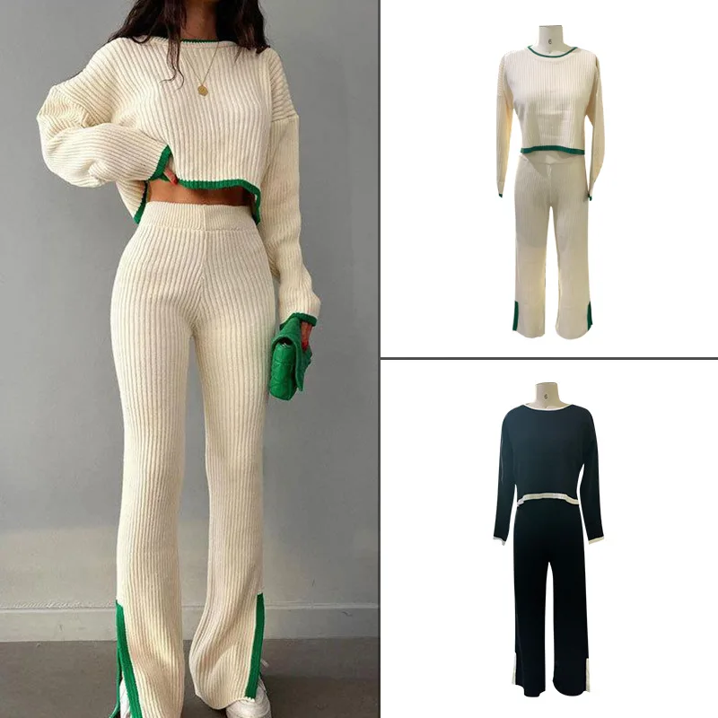 

Knit Two Piece Sets Womens Outifits Contrast Color Set Women's Autumn Knitting Pullover Top Split Elastic Waist Wide Leg Pants
