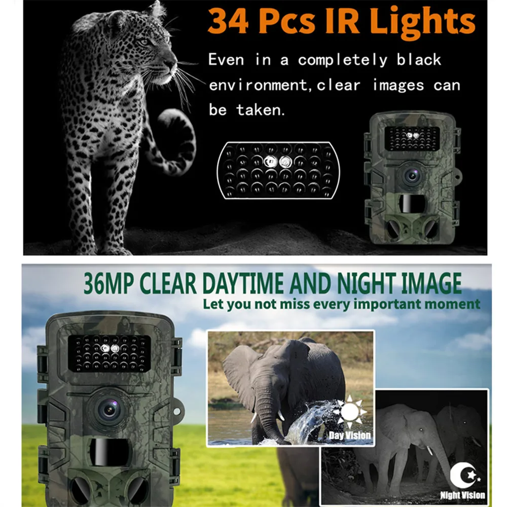 Hunting Trail Camera Trail Camera Trail Camera with Night Vision 36MP 1080P HD IP66 Waterproof for Outdoor Wildlife Hunting Infrared Surveillance Motion Trigger