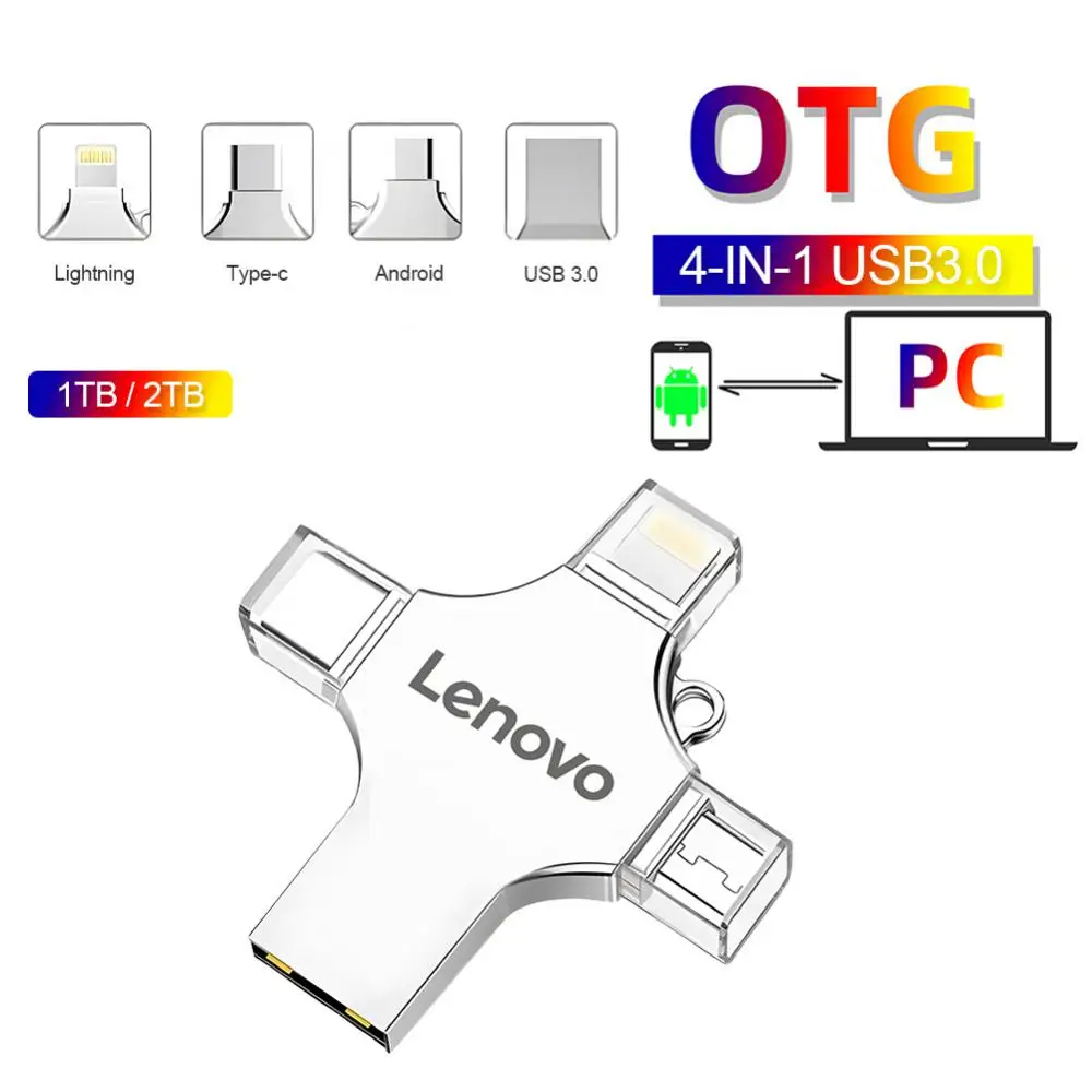 Lenovo-Clé USB OTG de type C, clé USB 4 en 1, clé USB 3.0, mémoire pour iPhone, Android, PC, micro USB, 2 To, 1 To