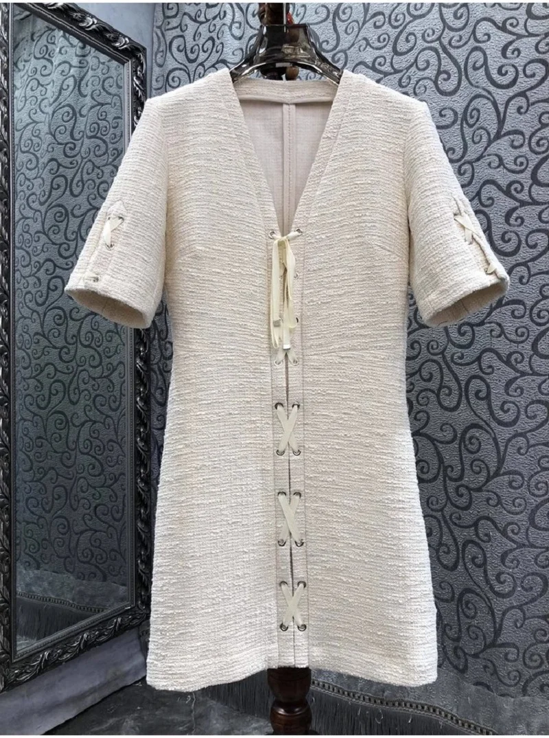 

High Quality New 2023 Autumn Winter Dress Women V-Neck Sexy Cross String Deco Short Sleeve Cotton Tweed Wool Dress Vestidos