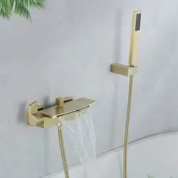 Bathtub Shower Set Wall Mounted Bathroom Double Handle Brush Gold Waterfall Bathtub Faucet Solid Brass Casted Water Saving