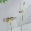 Bathtub Shower Set Wall Mounted Bathroom Double Handle Brush Gold Waterfall Bathtub Faucet Solid Brass Casted Water Saving 1