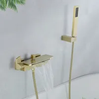 Bathtub Shower Set Wall Mounted Bathroom Double Handle Brush Gold Waterfall Bathtub Faucet Solid Brass Casted Water Saving 1