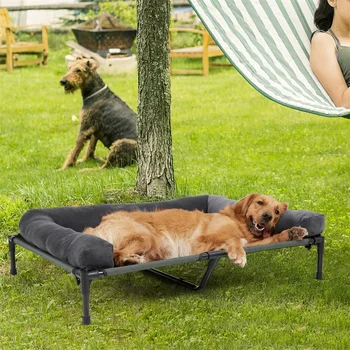 BINGOPAW Outdoor Elevated Dog Bed Cooling Raised Pet Lounger Bed Mesh Cot Sleep Camping Bed with Detachable Plush Bolster 3