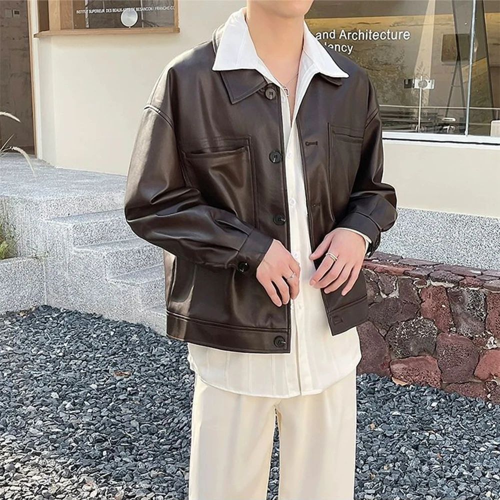 Giacca in pelle da uomo autunno moda Y2k tendenza tinta unita risvolto casual corta giacca da motociclista in pelle da strada americana da uomo 5