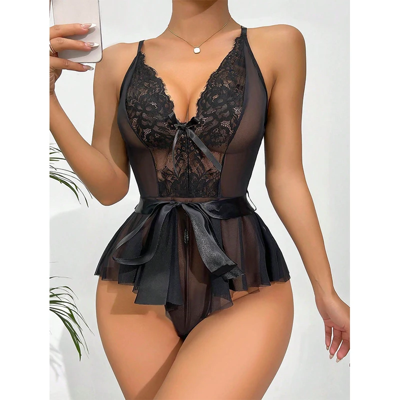 Sexy Lingerie Lace Transparent One Piece Bodysuit For Women Hollow Out Underwear Lace Up Teddy Erotic Lingerie Babydoll Leotards women underwear