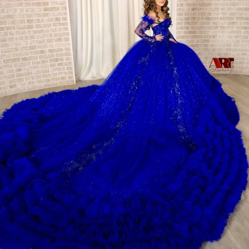 

Royal Blue Shiny Quinceanera Dresses Ball Gowns For Sweet 16 Girl Lace Beads Tiered Tull Ruffles Birthday Party Prom Dress Forma