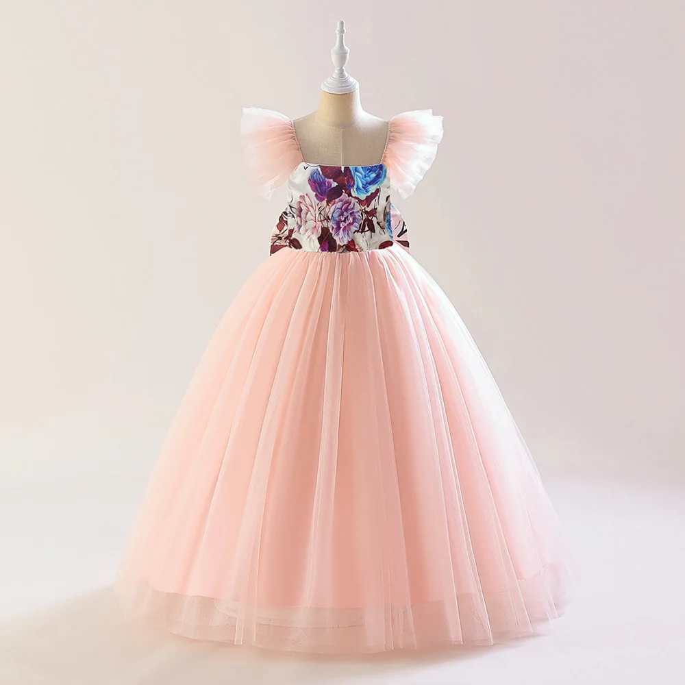 

Cap Sleeves Printed Christmas New Year Gowns Long Ballgown Pink Tulle Performance Show Princess Dress Clothing for 4-13Y