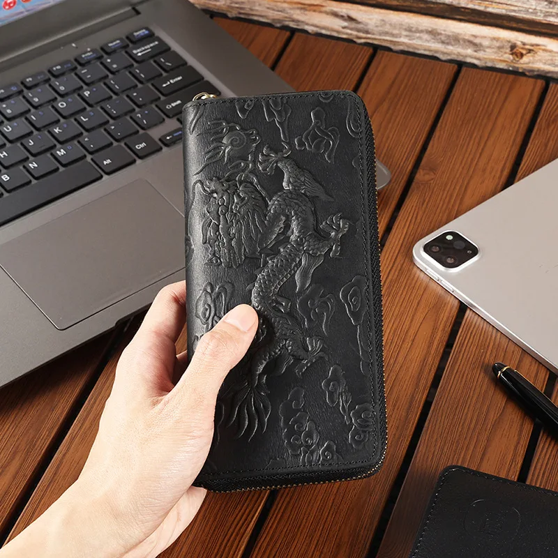 Personalized Dragon Pattern Genuine Leather Men's Wallet with Large Capacity Coin Pocket