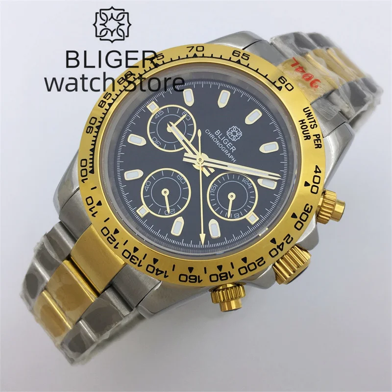 BLIGER Luxury Fashion Gold Quartz Chronograph Business 39mm Sapphire Crystal Men's Watch VK63 Movement Black Dial Luminous index