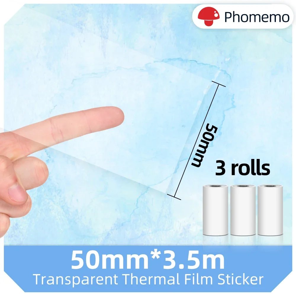 Phomemo 3 Rolls 50mm * 3.5M 검정색 투명 자기 접착 성 감열지 M0..