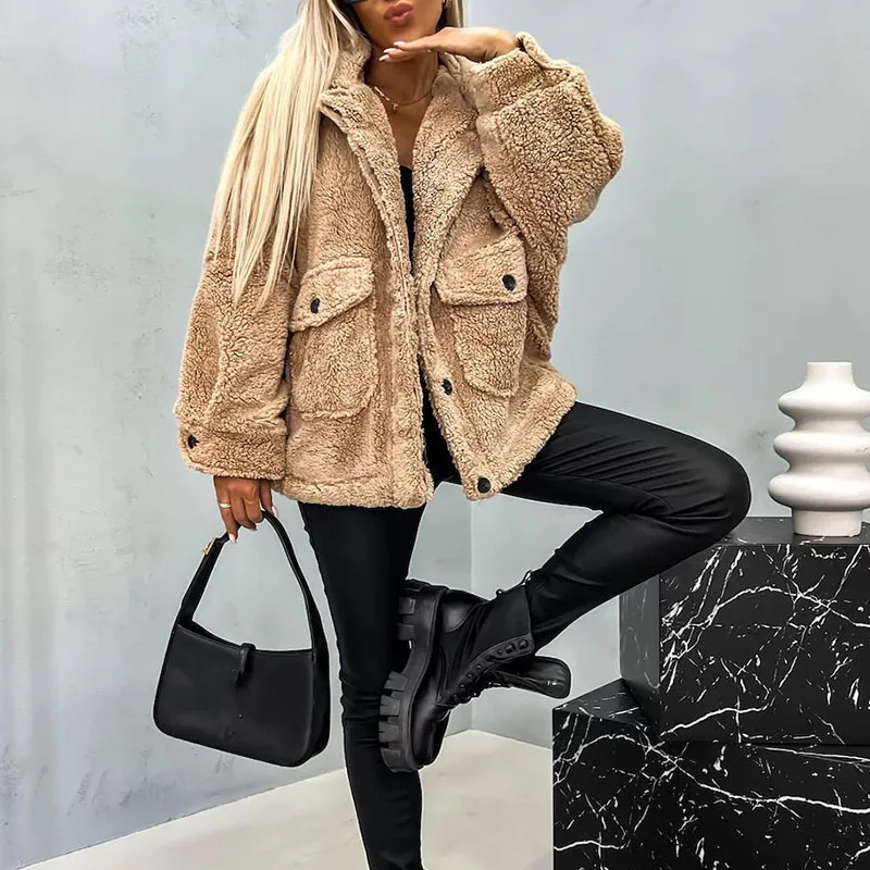 

Fall Winter Solid Thick Soft Flush Jacket Women Fashion Turn-down Collar Warm Top Cardigan Retro Single Breasted Pocket Overcoat