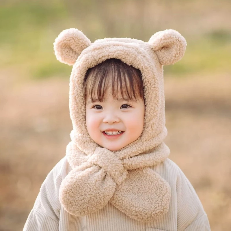 Winter Thermal Plush Baby Hat Scarf Solid Color Children Ear Protection Bonnet One-piece Baby Hat Neckerchief for Outdoor Sports