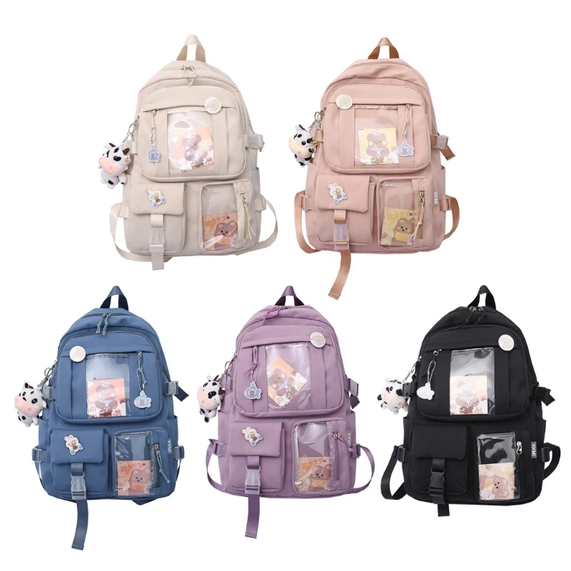 

E74B Women Girls Student Backpack Harajuku Japanese Aesthetic Multi-Pocket School Bag with Pendant Laptop Book Pack