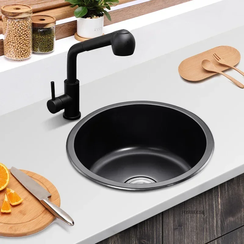 Black Nano Kitchen Sink Round Undermount Single Slot Small Sink 304 Stainless Steel Bar Balcony Washbasin For Kitchen