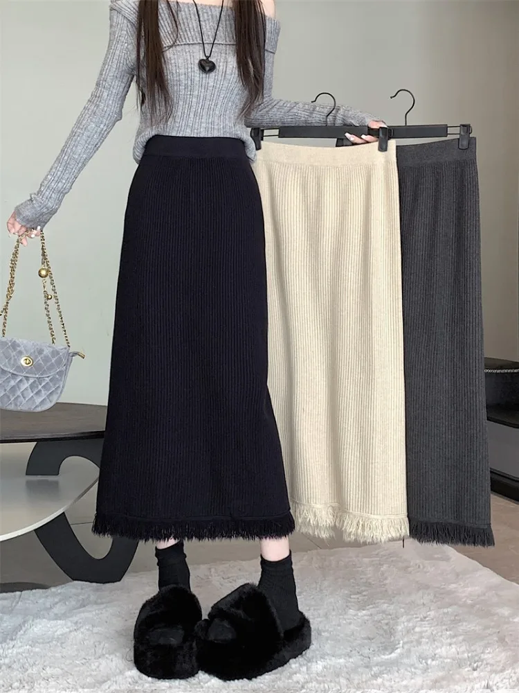 

Women Elegant Solid High Waist Warm Sweater Autumn Knitted Tassel Long Skirts Female Casual Wool Pencil Skirt Saia 2024 F49
