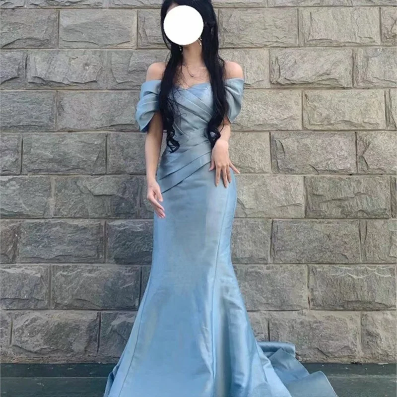 

Fishtail Skirt Female Sense Blue Student Day Adult Ceremony off-Shoulder Banquet Host Dress