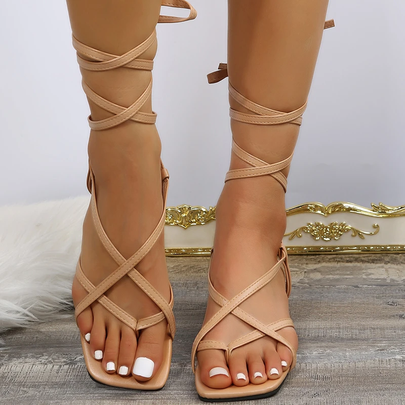 

Hot Women Sandals On Sale 2023 Concise Solid Lace Up Gladiator Sandal Summer Open Toe Square Med Heels Casual Lady Shoes Zapztos