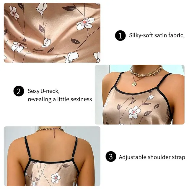 Women's Sleepdress Satin Floral Print Nightdress Comfortable Spaghetti Strap Sleepwear Dress Luxurious Satin Slip Nightdress 5