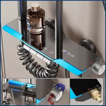 ระบบฝักบัวแสดงอุณหภูมิพร้อมแสงโดยรอบ ชุดก๊อกน้ำฝักบัวห้องน้ำดิจิตอลอัจฉริยะ สีเทา ชุดฝักบัวห้องน้ำแบบฝนตก 1