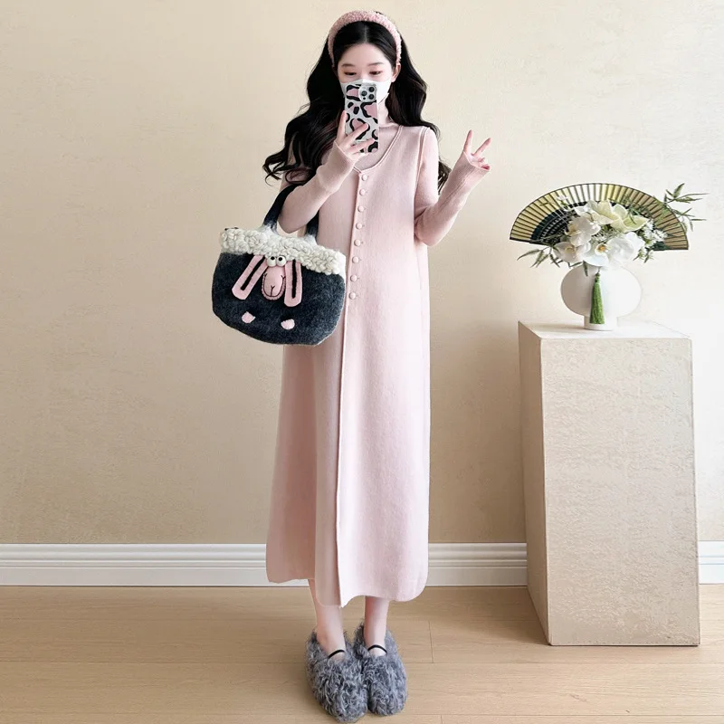 Maternity Fashion Clothes Set Autumn Winter Knitted Sweater + Sundress Suit Turtleneck Top Elegant Long Dress for Pregnant Woman