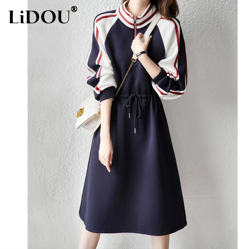 Summer New Ladies Elegant Long Skirt Striped Round Neck Short