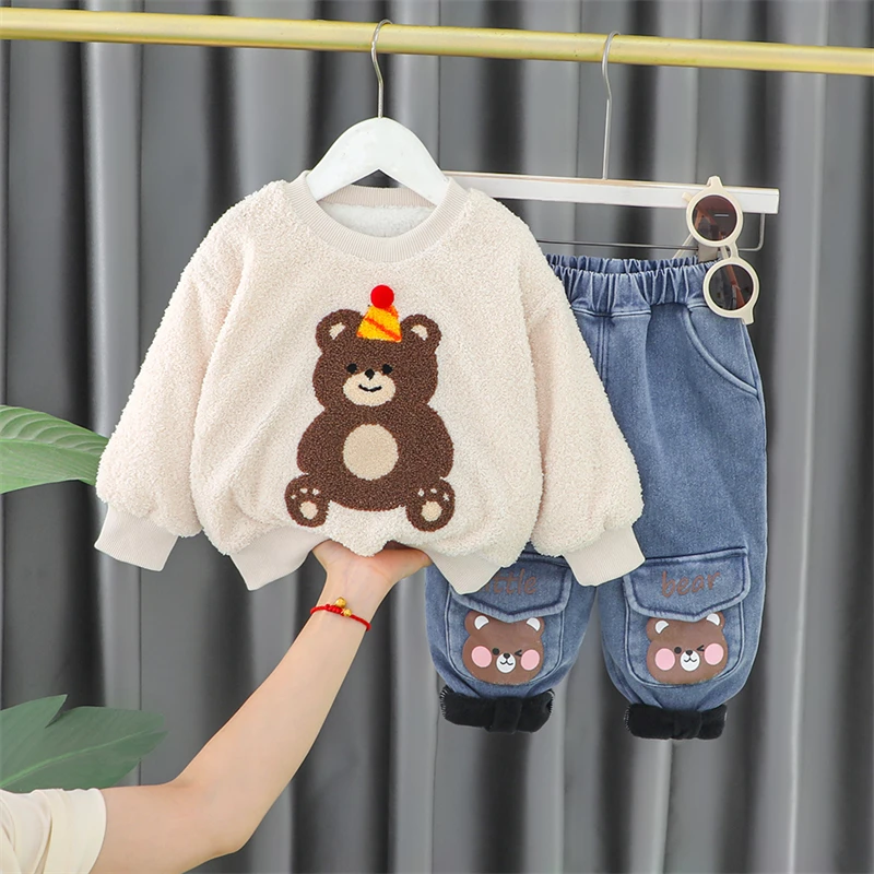 

2022 Winter Baby Boys Clothing Sets Boys Warm Plush Sweater Pants Kids Sportswear Children Outfits Cute Bear Infant Clothes