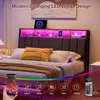 Hidden Storage Headboard with LED Lights, Ergonomic Upholstered Queen Headboard Only with Charging Station, 2 Outlets & 2 USB 5
