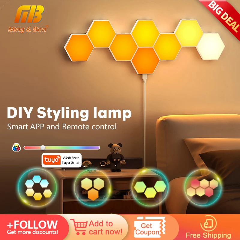 Tuya Smart RGB Night Light with APP/Remote Control DIY Hexagon Lamp for Computer Game Room LED Wall Light for Bedroom Home Decor