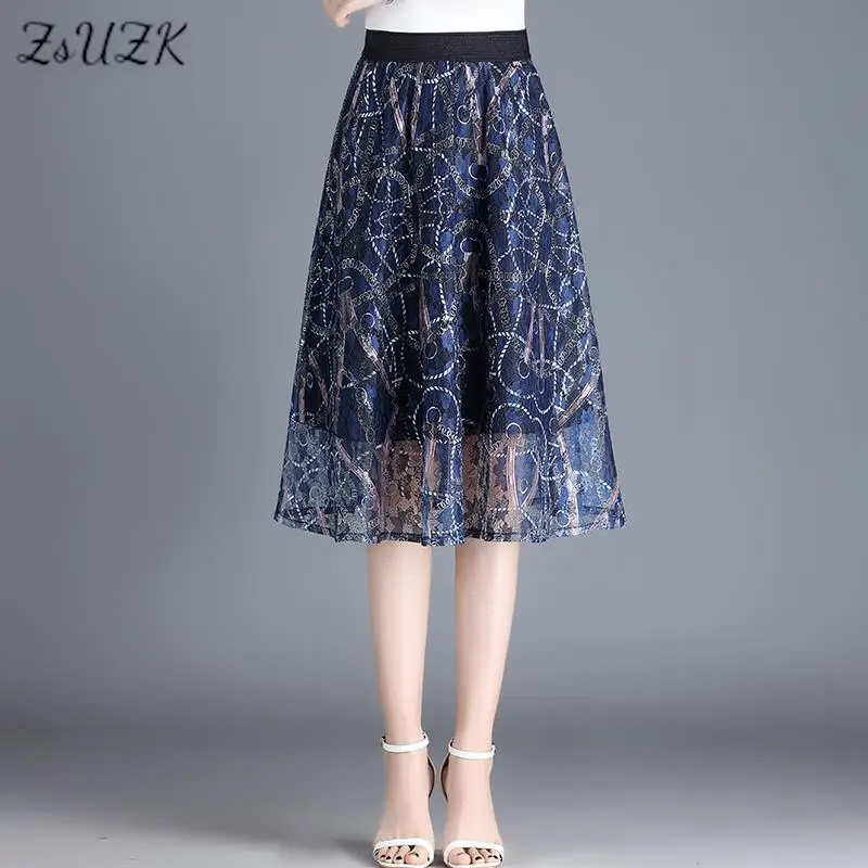

ZUZK Printed Lace Skirt For Women New Summer Elastic Wasit Fashion Half Skirt Elegant Chic A-Line Skirt Female Jupe