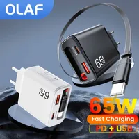 65W Super Fast Charger USB C With Retractable Type C Cable For iPhone 17 16 15 Samsung Xiaomi QC3.0 PD Quick Charger Adapter