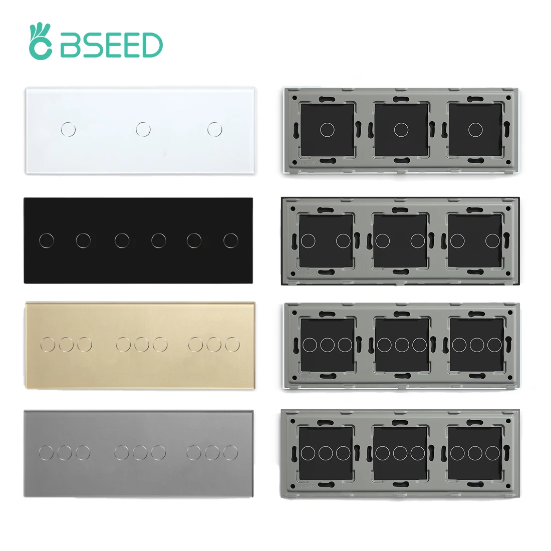 BSEED Triple EU Standard Wall Glass Panel 3/6/9Gang Touch Switch Crystal Panel With Metal Frame DIY Part 228mm