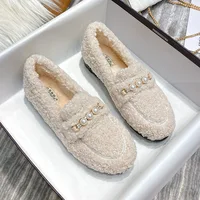 Black/white Mixed Color Lambwool Winter Shoes Woman Brand Metal Chains Curly Fur Flats Women 41-43 Big Size Plush Cotton Loafers 2