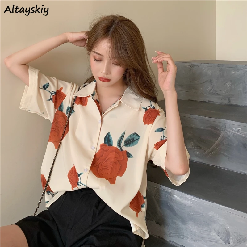 

Floral Shirts Women Loose Vintage Temperament Summer Thin Short-sleeve Gentle Chic Beach Style Leisure All-match Office Lady New