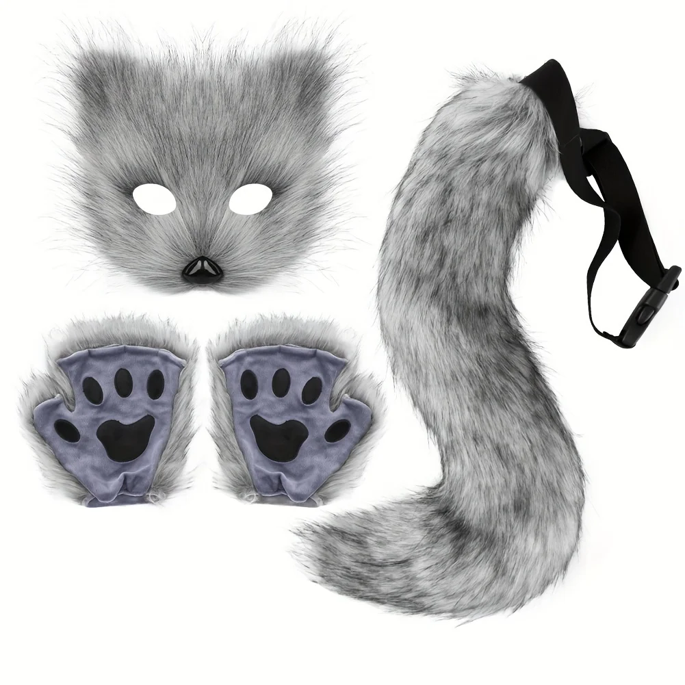 Fluffy Fur Fox Tail  Cat Paws Gloves Set - Wolf Mask Halloween Cosplay Accessories