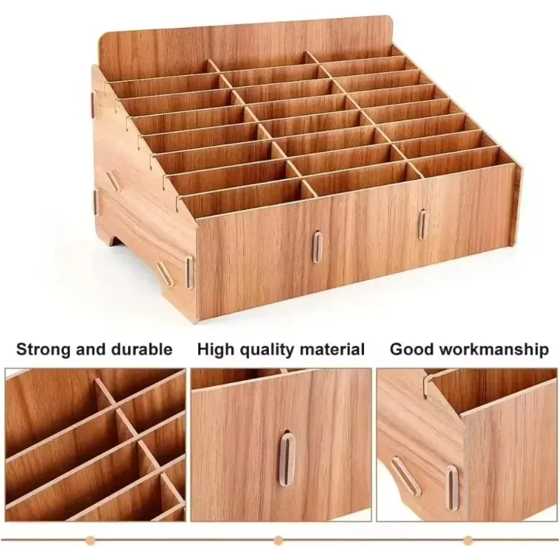 Per forniture per ufficio e scuola Scatola portaoggetti per cellulare in legno a 24 griglie, scatola portaoggetti per la gestione dei telefoni cellulari Organizzatore da tavolo - immagine 4
