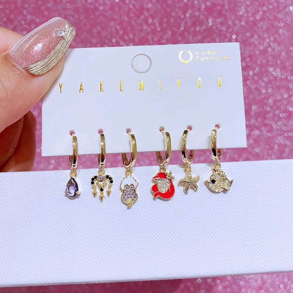 

MIGGA 6pcs Fairy Tales Movie Princess Mermaid Dangle Earrings Set for Women Gold Plated Huggie Jewelry