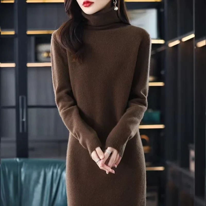 

Trendy Womens Dresses Knitted Clothing Crochet Robe Turtleneck Solid Dress Maxi Black Evening Beig Long Sale Thic Xl CY39