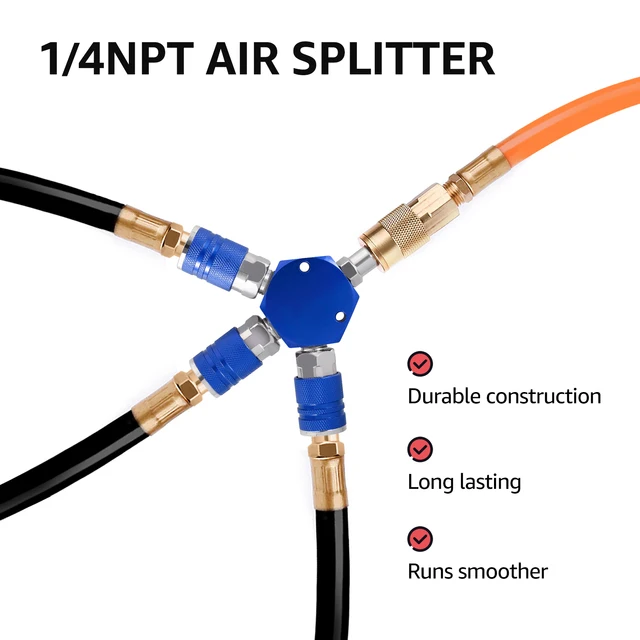 Distribuidor De Aire Comprimido De 3 Vías - Acoplamiento Rápido 1/4" F-NPT, Para Conectar Múltiples Herramientas Neumáticas
