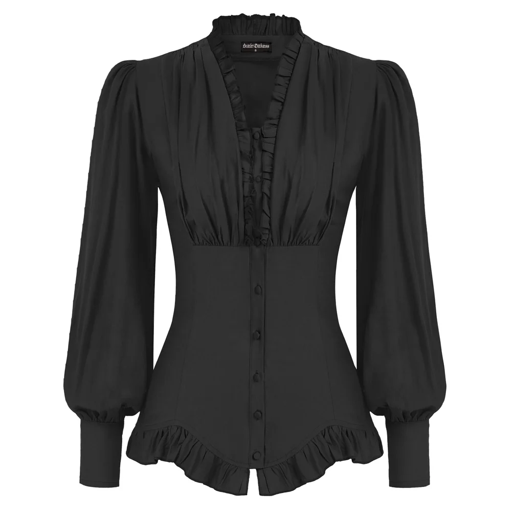 Женская рубашка с оборками на подоле, с длинным рукавом и V-образным вырезом