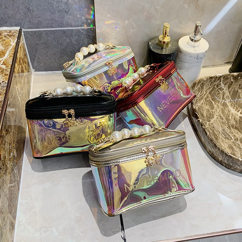PVC Laser Gradient Makeup Bag Fashionable Large Capacity Waterproof and Anti fouling Pearl Handbag Cosmetic Bag